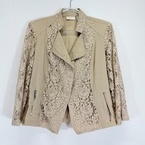 Chico's Linen-Look Beige Lace Moto Jacket Size 2 Large Coquette Boho Romantic